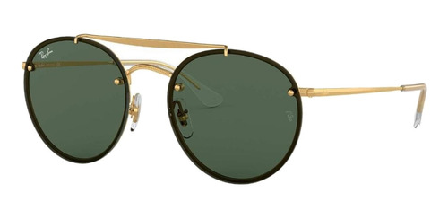 Anteojos de sol Ray-Ban Round Blaze Round Double Bridge Standard con marco de metal color matte gold, lente green clásica, varilla gold de metal - RB3614N