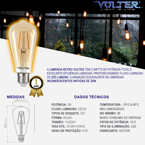 Kit 2 Lâmpadas Filamento Led St64 Retrô Volter 2w 2200k E27