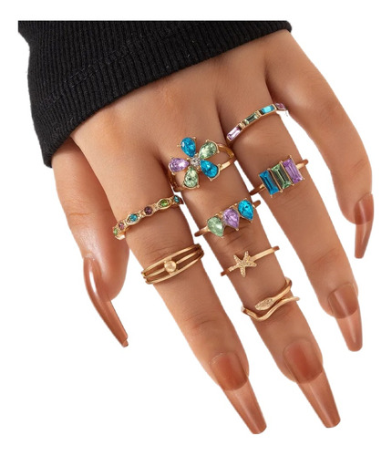 Anillos Set Juego 8 Unidades Flor Arcoiris Mujer 