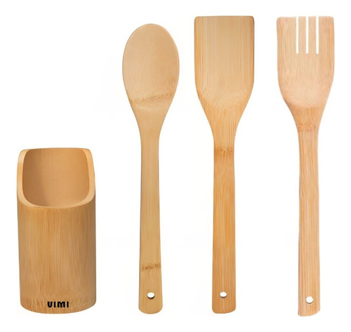 Set De Utensilio 3pz Bambú Con Base Almacenamiento Cocina