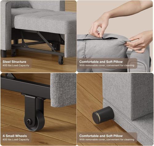 Sofá Cama Multifuncional 3 En 1; Lino Gris Claro; Noelse