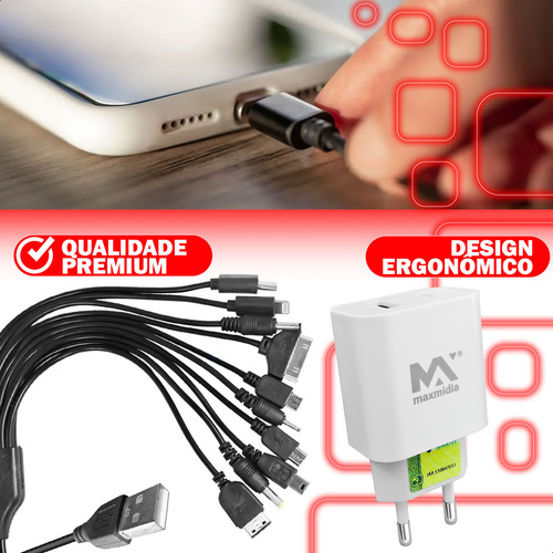 Kit Cabo De Carregamento 10 Em 1 Com Fonte Usb Turbo 3.0