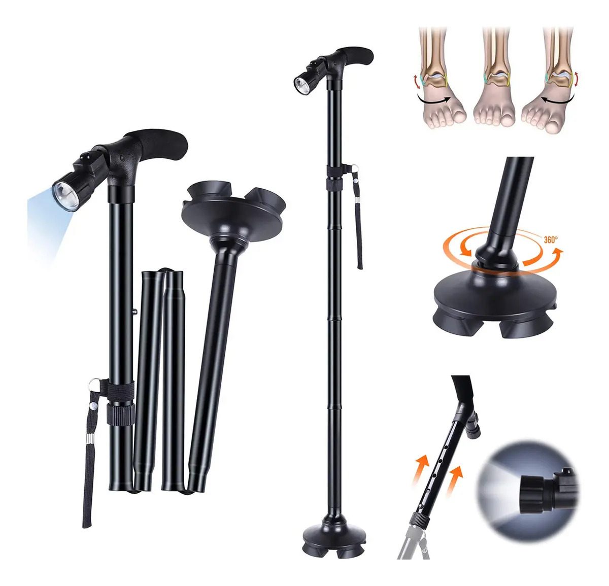 Bastón Plegable Ajustable Con Luces Led Muleta Para Ancianos Color Negrobaston De Aluminio