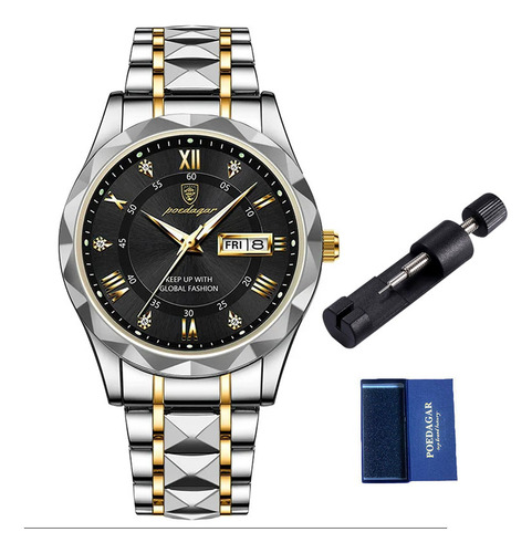 Reloj De Calendario De Cuarzo Luminoso Poedagar 615 Para Hom Correa Silver Gold Black