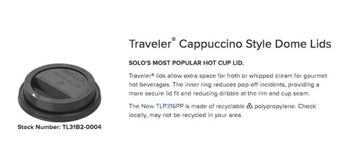 Tapa Traveler Cappuccino Solocup Para Vaso De 10oz -mil Pzs-