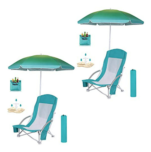 Silla De Playa Con Sombrilla Azul, Paquete De 2 + Silla De P