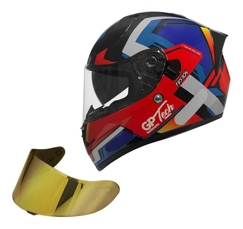 Capacete Moto Gp Tech Fusion Vermelho Azul + Viseira Dourada