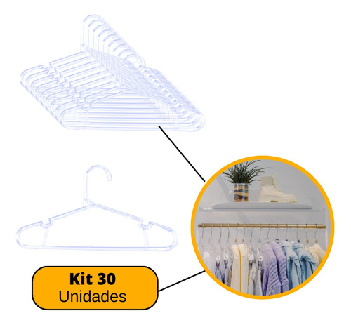 Kit 30 Cabides De Acrilico Transparente Infantil Suporte