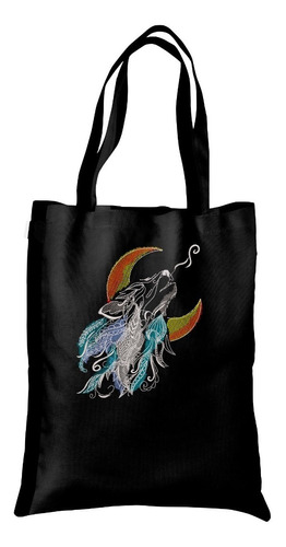 Bolsa Tote Bag Artesanal Gabardina Bolsillo Wolf Bordado