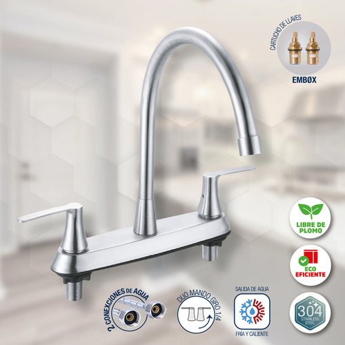 Llave Mezcladora Toscana Duomando de acero Inoxidable 304 Cromado Color Gris Mc-669