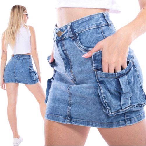 Minifalda Mujer Jean Super Elastizado Bolsillo Solapa Cargo