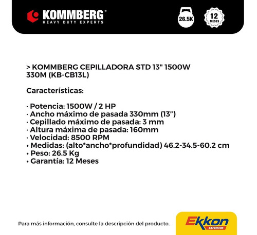 Imagen 3 de 8 de Cepilladora De Banco 330 Mm 1500 W Kommberg Carpintería