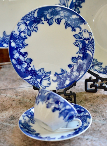 Trio Para Te Porcelana Verbano Retro Flores Azules C1960