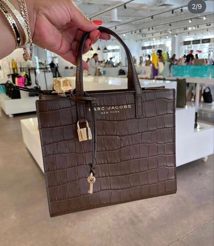 Bolsa Tote Marc Jacobs Piel Genuina Mini Grind Crossbody Marrón Oscuro Cocodrilo Níquel Negro (Usado)