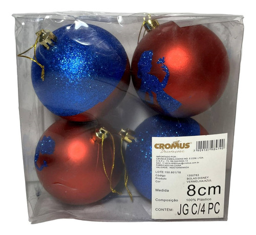 Conjunto 04 Bolas Bolinhas Princesa Branca De Neve - Enfeites Árvore De Natal - Princesas Disney - Azul E Vermelho - Cromus
