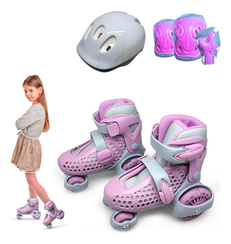 Patines Niña Kids Graduable Kit De Protección Lila Y Gris