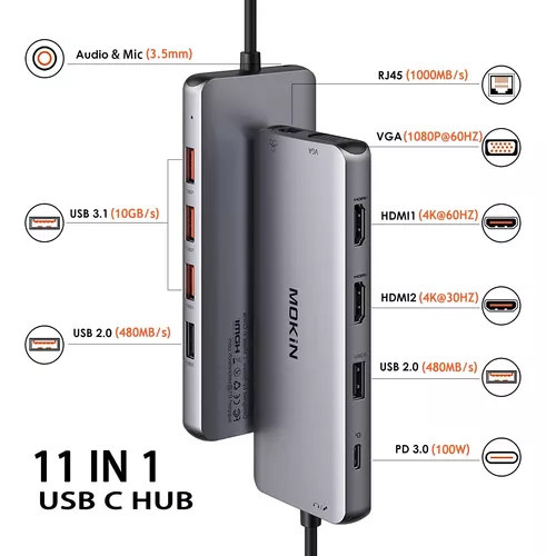 Estación de acoplamiento USB C a adaptador HDMI dual, MOKiN USB C Hub Dual  HDMI Monitores para Windows, adaptador USB C con HDMI dual, 3 puertos USB