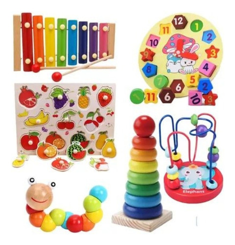 Kit 6 Juguetes Didácticos Estimulación De Madera Niños 