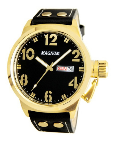 Relógio Magnum Masculino Ma32783u Dourado Couro Analógico Cor da correia Preto Cor do fundo Preto