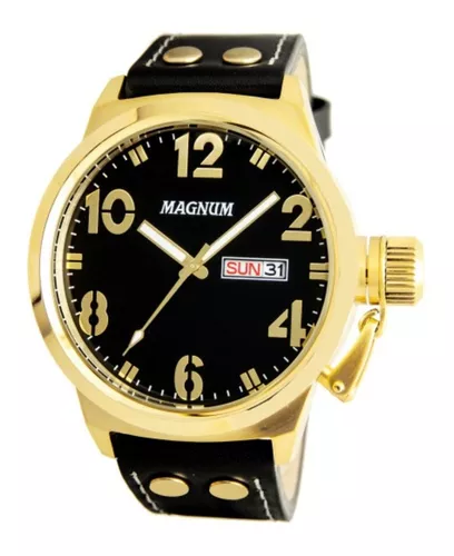Relógio Magnum Masculino Couro Marrom Original Nota Fiscal Cor Do Bisel  Dourado Cor Do Fundo Preto