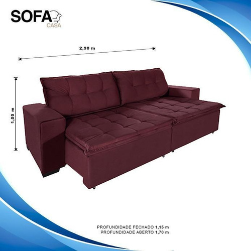 Sofá Retrátil e Reclinável Austrália 2,90 Mts Pluma Vinho Suede Sofá Casa
