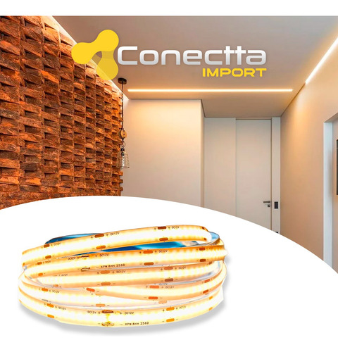 Fita Led Cob 5mts 480 Led/m Luz Quente 3000k + Fonte 6a Slim