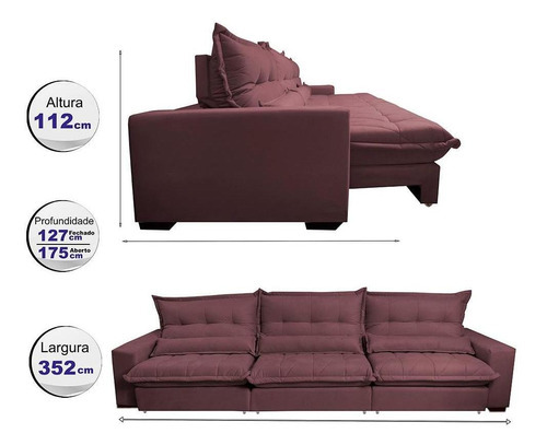 Sofá Retrátil Reclinável 3,52m Pocket Cama Inbox Soft Vinho