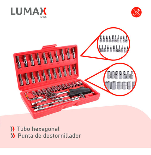 Caja De Herramientas Lumax De 46 Piezas Dados Y Puntas Color Rojo