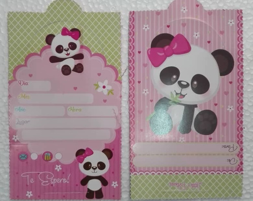 Set 12 Tarjetas Para Invitación Cumpleaños Panda 