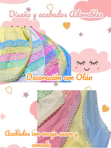 Pack 6 Pantaletas Niña Algodón Encaje Olán Colores Cómodas