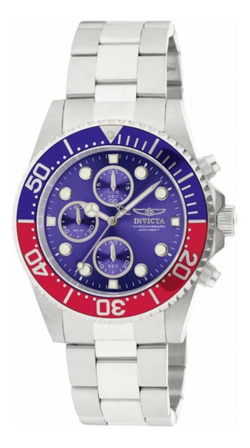 Reloj de pulsera Invicta Pro Diver 1771 de cuerpo color acero, analógico, para hombre, fondo azul, con correa de acero inoxidable color acero, agujas color blanco y acero, dial blanco y acero, subesferas color acero y blanco, minutero/segundero blanco, bisel color azul y rojo y desplegable