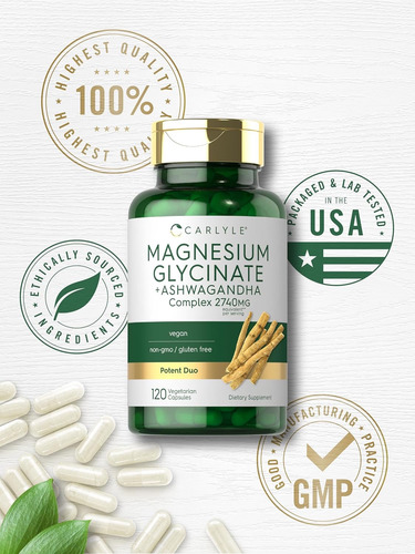 Magnesio Glicinato Ashwagandha X 2740 Mg X 120 Vegan Caps Sin Sabor