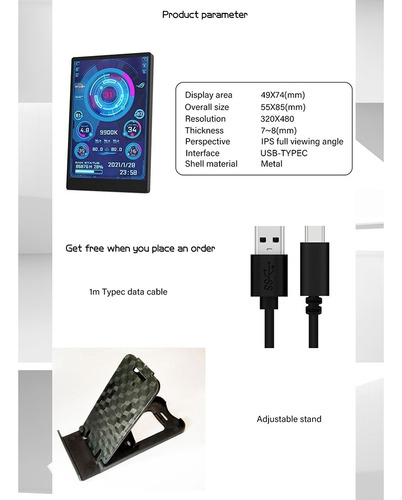 Mini Tela Ips Usb De 3,5 Polegadas Aida64 Pc Cpu Ram Hdd Dat