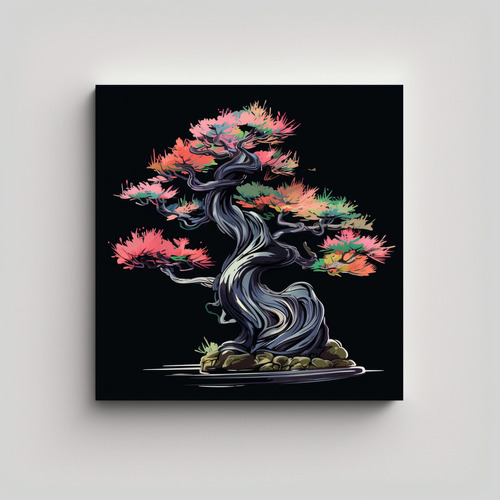 50x50cm Pintura De Árbol Bonsái En Colores Negros Flores