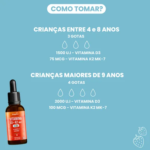 Vitamina D3 + K2 Mk-7 Kids, Em Gotas, Sublingual D3 2000ui | K2 100 mcg, Sabor Morango, 20 ml, Biogen