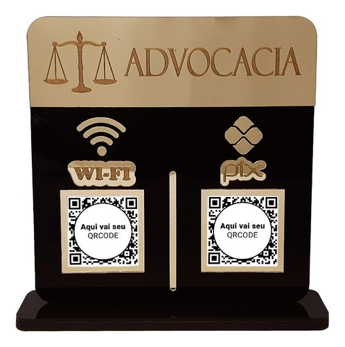 Placa Display 2 Qrcode Pix E Wi-fi Acrílico Dourado E Preto Cor Advocacia
