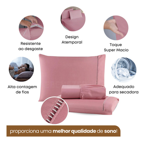 Jogo De Cama Casal Padrão C/ Elástico 3 Peças 400 Fios Fronha Ponto Palito Toque Suave E Macio Cor Rose
