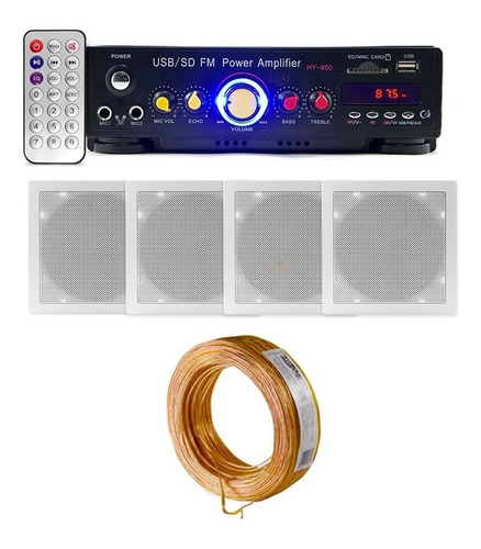 Kit Som Ambiente Bluetooth Usb Fm + 4 Arandelas + 50m De Fio