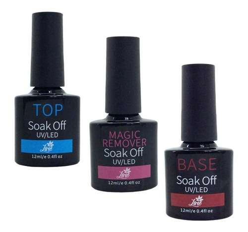 Kit Base Top Coat Magic Remover Unhas Soak Off Lirió 12ml