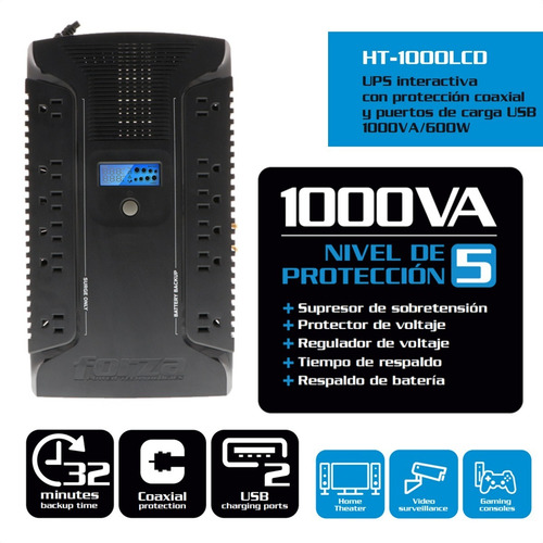 Ups Interact Forza Ht-1000lcd 1000va/500w 12tomas 2usb Coax