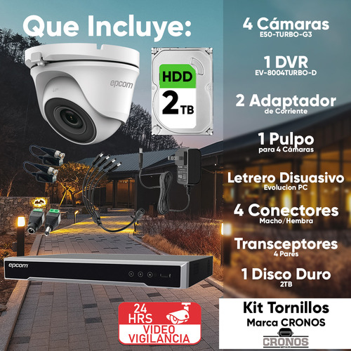 Epcom Kit De 4 Camaras De Seguridad Metalicas Domo 5mp Protección Ip66 Para Uso Exterior + Dvr 4ch Turbohd Con Detección De Movimiento Y Salida De Alarma +2tb Hdd Modelo Ev8004e50-plus-sc+2tb