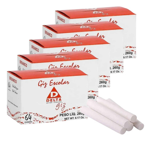 Kit 5 Caixas Giz Branco Para Quadro Escolar Palito Com 64