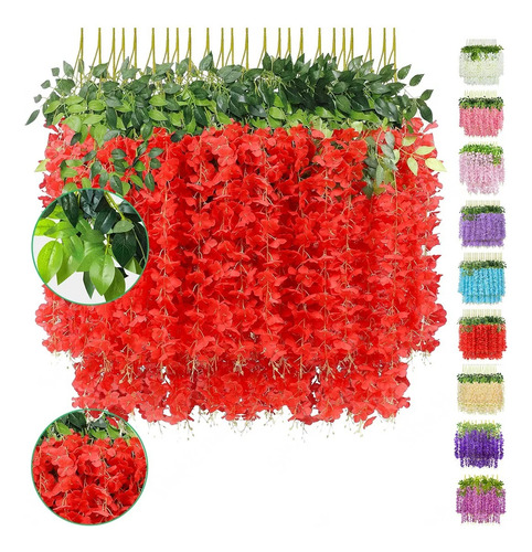 24pzs Flores Artificial Wisteria Decoración Fiesta Boda 1.1m Rojo