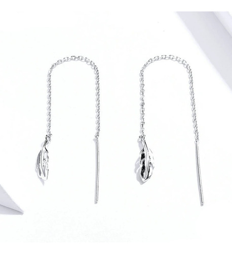 Aretes Pendientes Largos Plata S925 Plumas Con Cadena