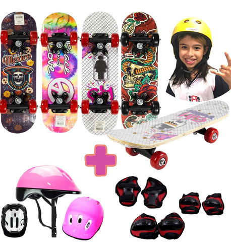 Mini Skate Feminino Com Capacete Kit Proteção Rosa Esqueite