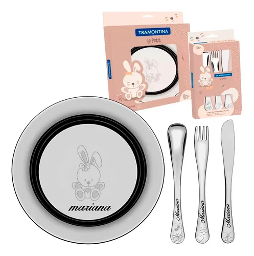 Kit Prato Talher Infantil Tramontina Inox Le Petit Com Nome