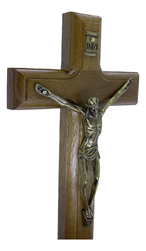 Crucifixo Madeira De Parede - 17cm Ov Cristo Em Metal Cor Marrom