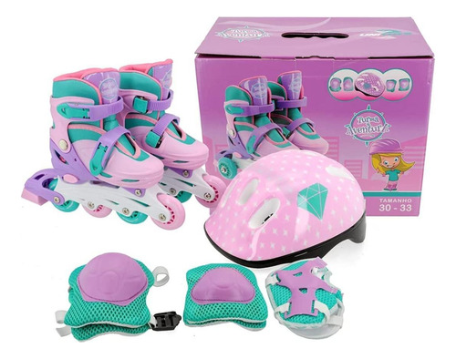 Patins Roller Infantil 3 Em 1 Feminino 30-33 + Kit Proteção