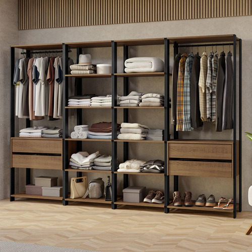 Guarda-roupa Closet Modulado Valencia 258cm Madesa Rp 2 Cor Rustic/Preto MDDR0400027K