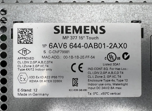 Panel Hmi Siemens 6av6644-0ab01-2ax0 Mp 377 15 (Usado)